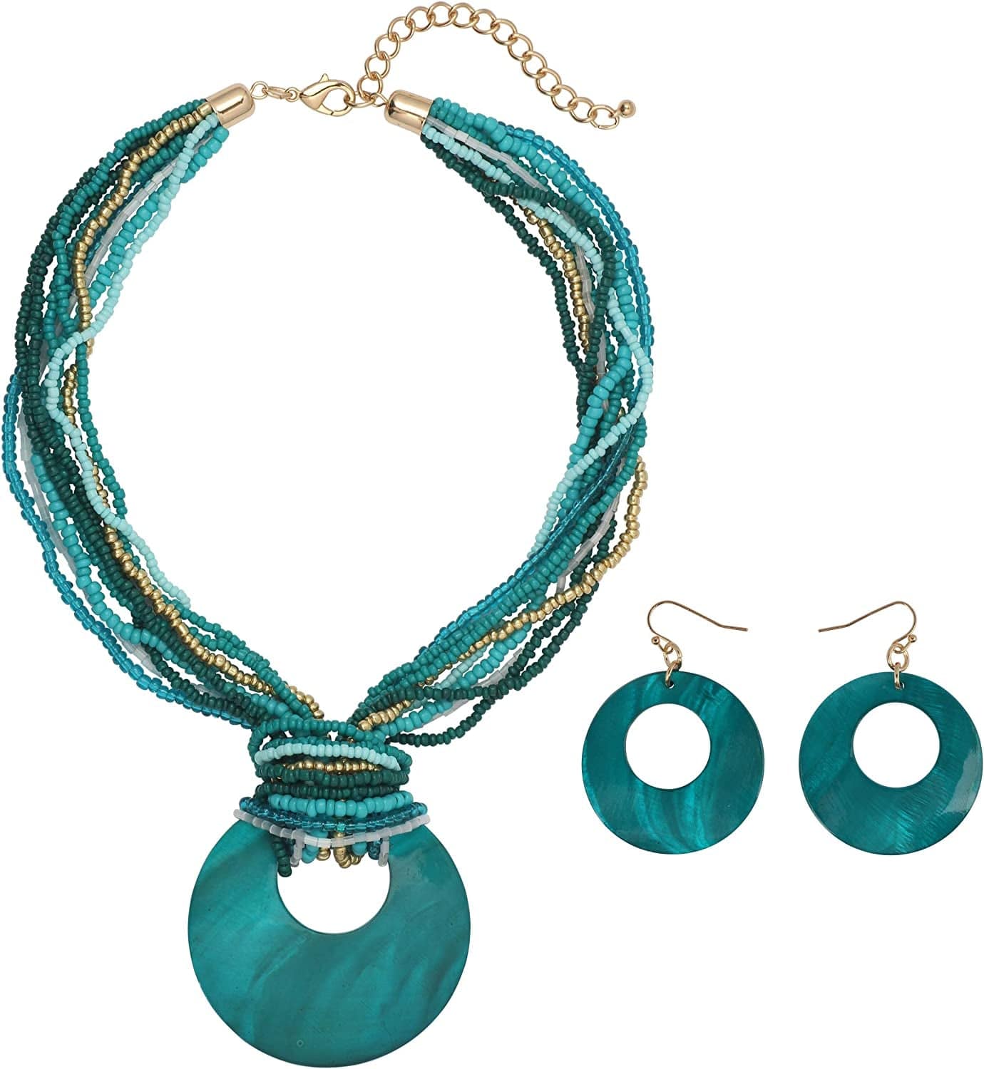COIRIS Multi Strand Statement Colorful Beaded Necklace with Big Circle Shell Pendant for Women Dark Teal