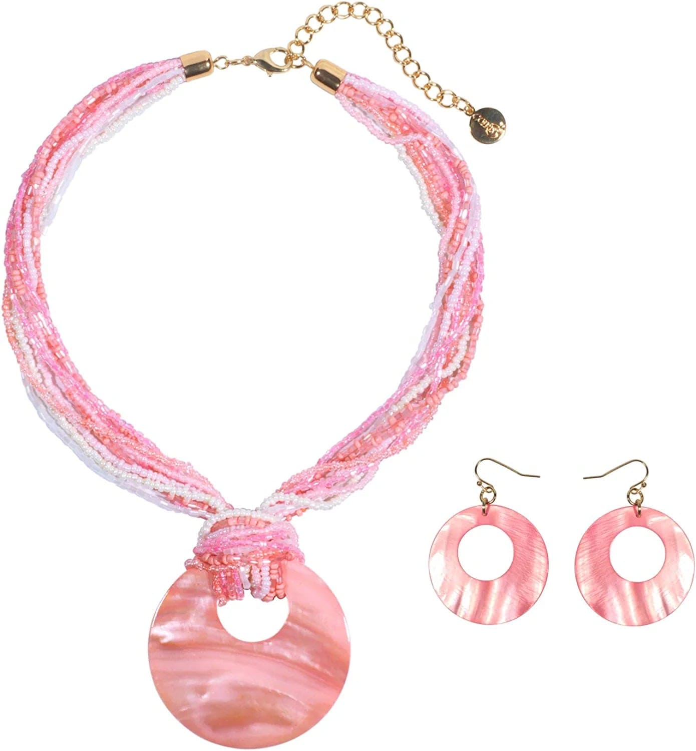 COIRIS Multi Strand Statement Colorful Beaded Necklace with Big Circle Shell Pendant for Women Pink