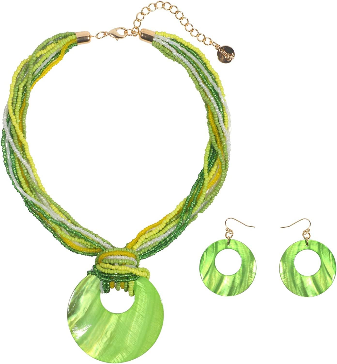 COIRIS Multi Strand Statement Colorful Beaded Necklace with Big Circle Shell Pendant for Women Jasmine Green
