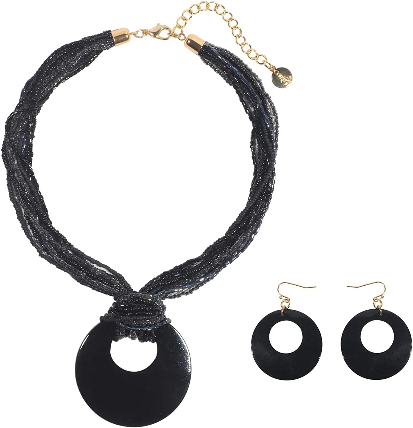 COIRIS Multi Strand Statement Colorful Beaded Necklace with Big Circle Shell Pendant for Women Black