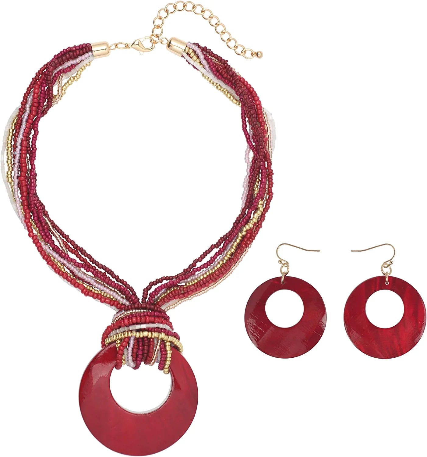 COIRIS Multi Strand Statement Colorful Beaded Necklace with Big Circle Shell Pendant for Women Wine