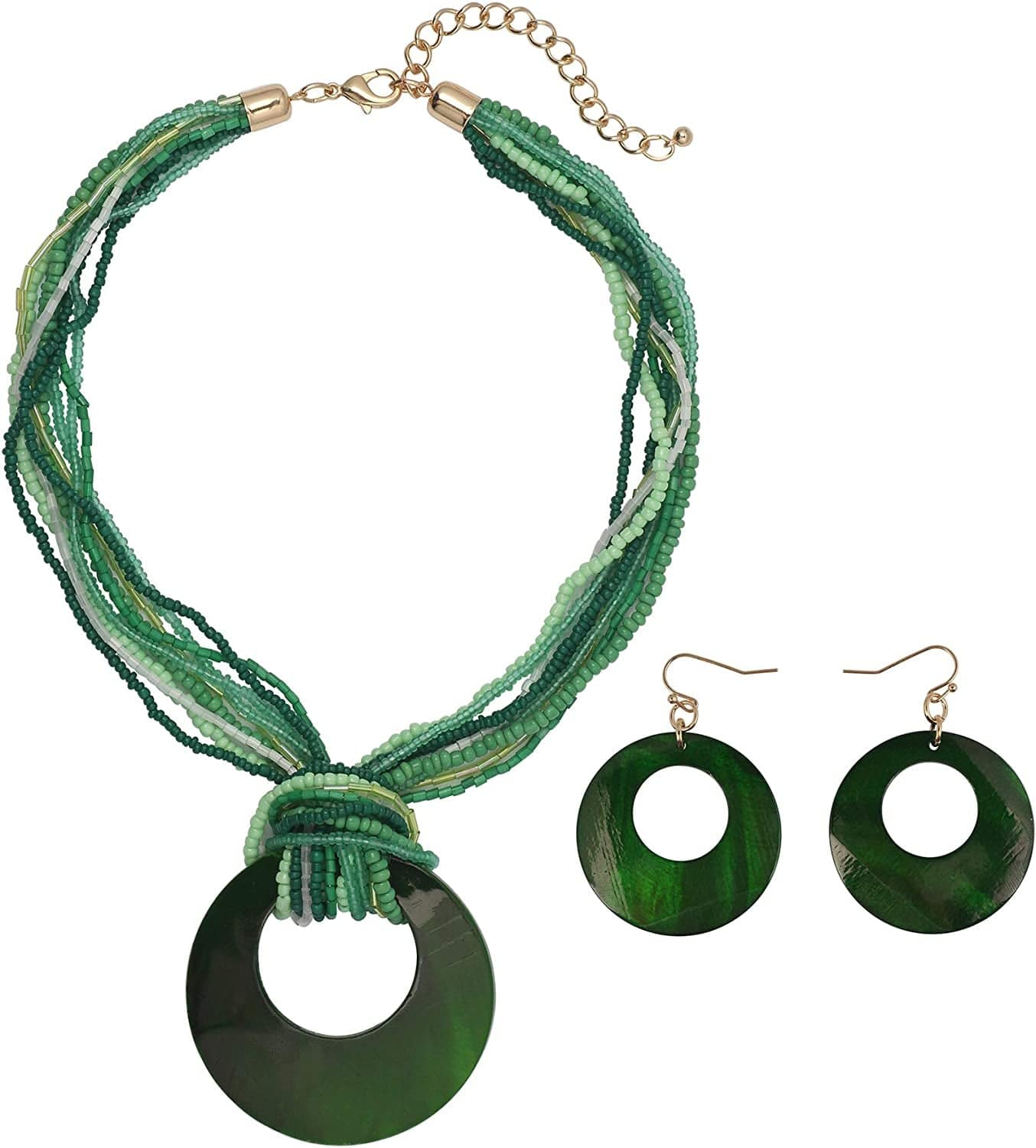 COIRIS Multi Strand Statement Colorful Beaded Necklace with Big Circle Shell Pendant for Women Dark Green