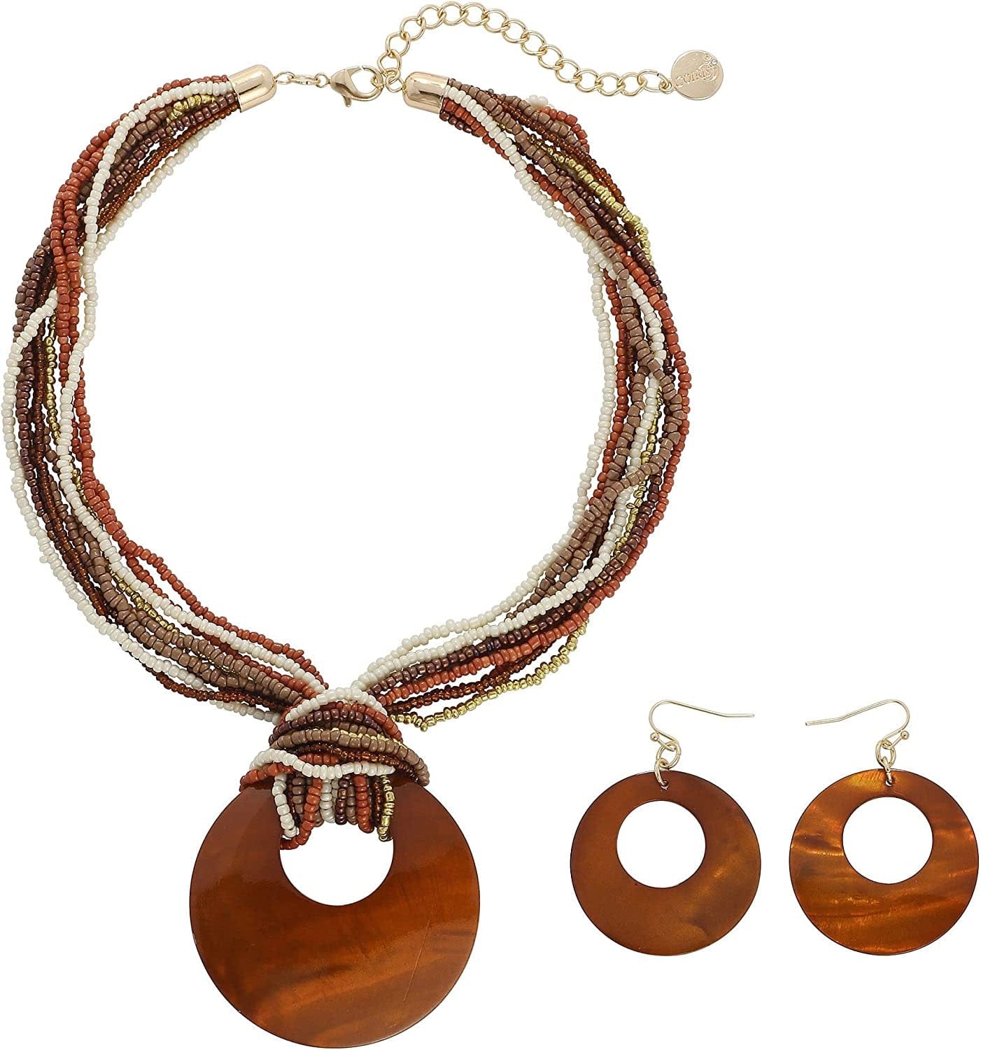 COIRIS Multi Strand Statement Colorful Beaded Necklace with Big Circle Shell Pendant for Women Dark Brown