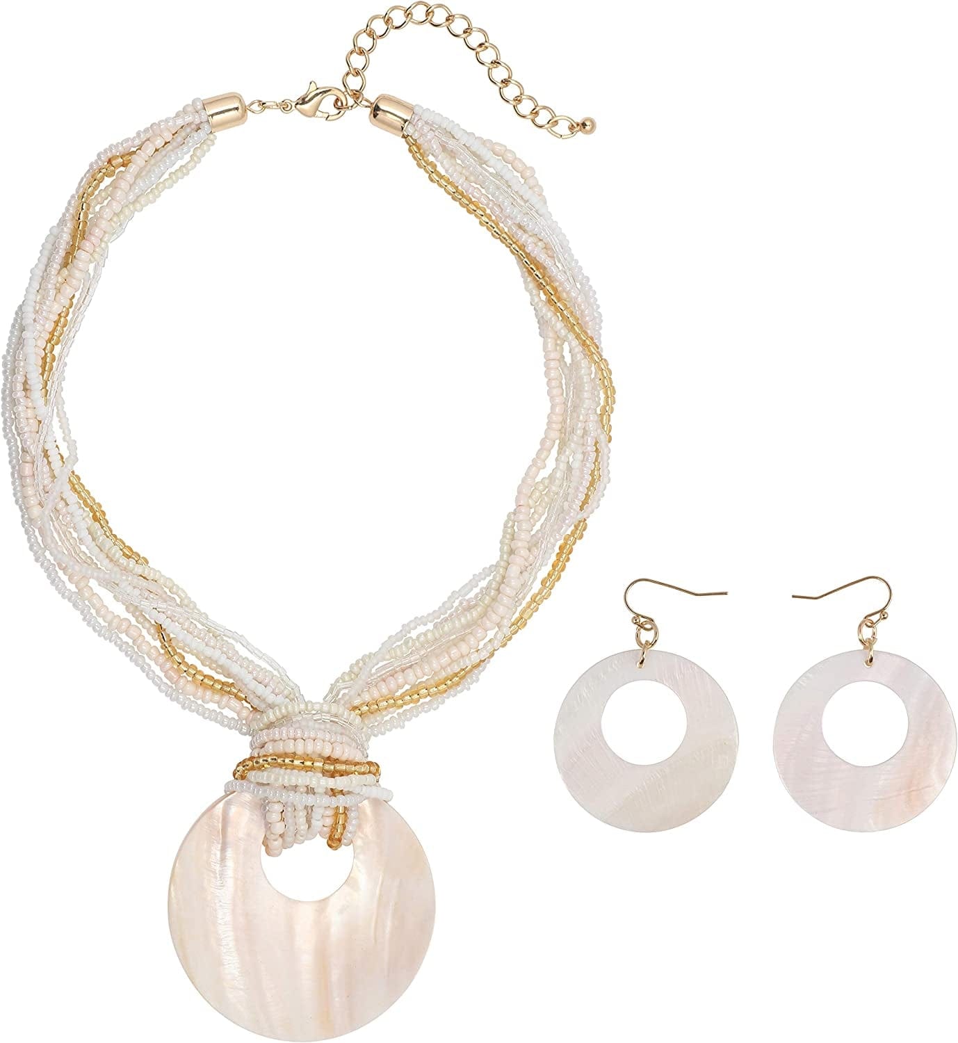 COIRIS Multi Strand Statement Colorful Beaded Necklace with Big Circle Shell Pendant for Women Natural