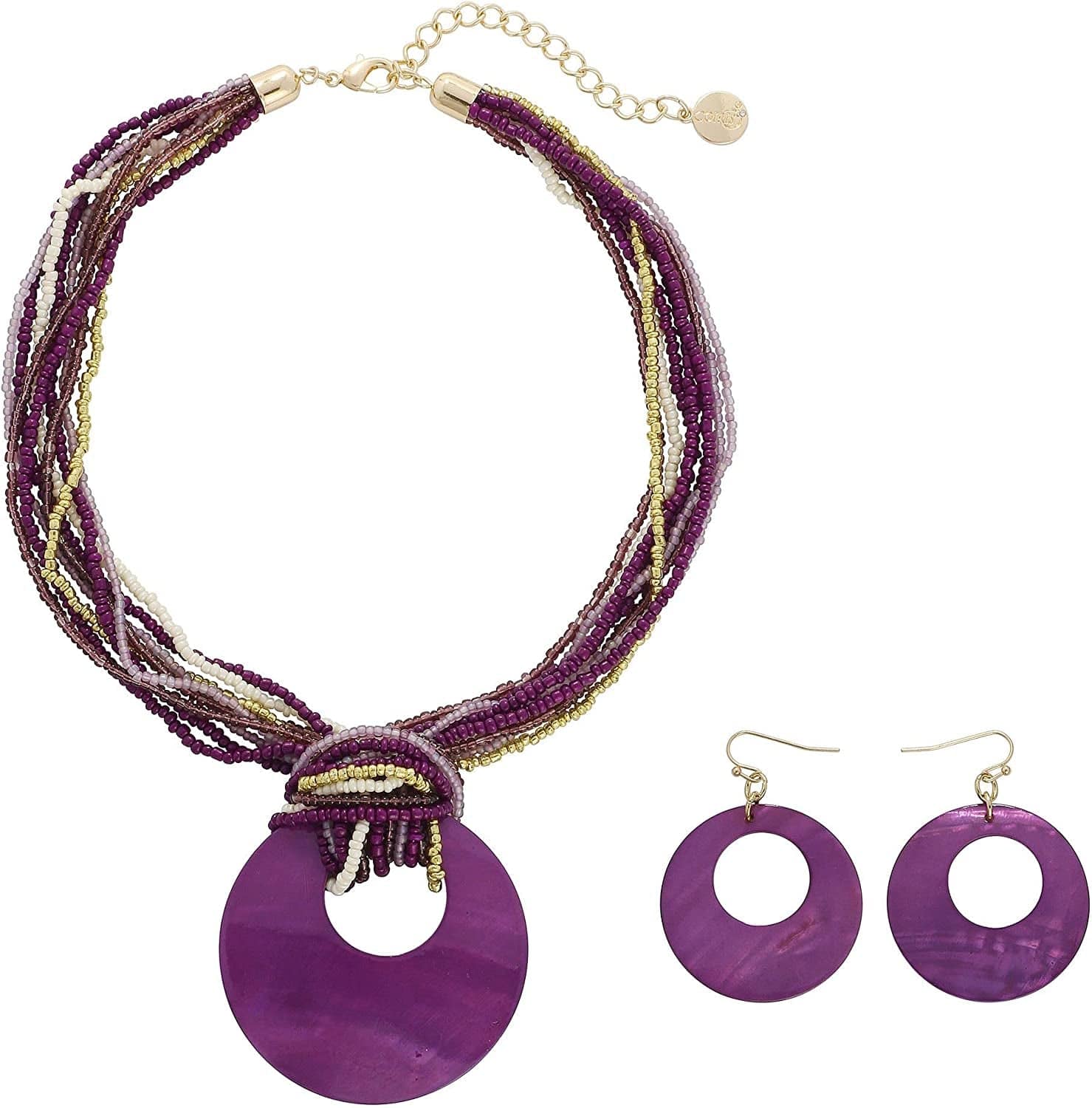 COIRIS Multi Strand Statement Colorful Beaded Necklace with Big Circle Shell Pendant for Women Purple