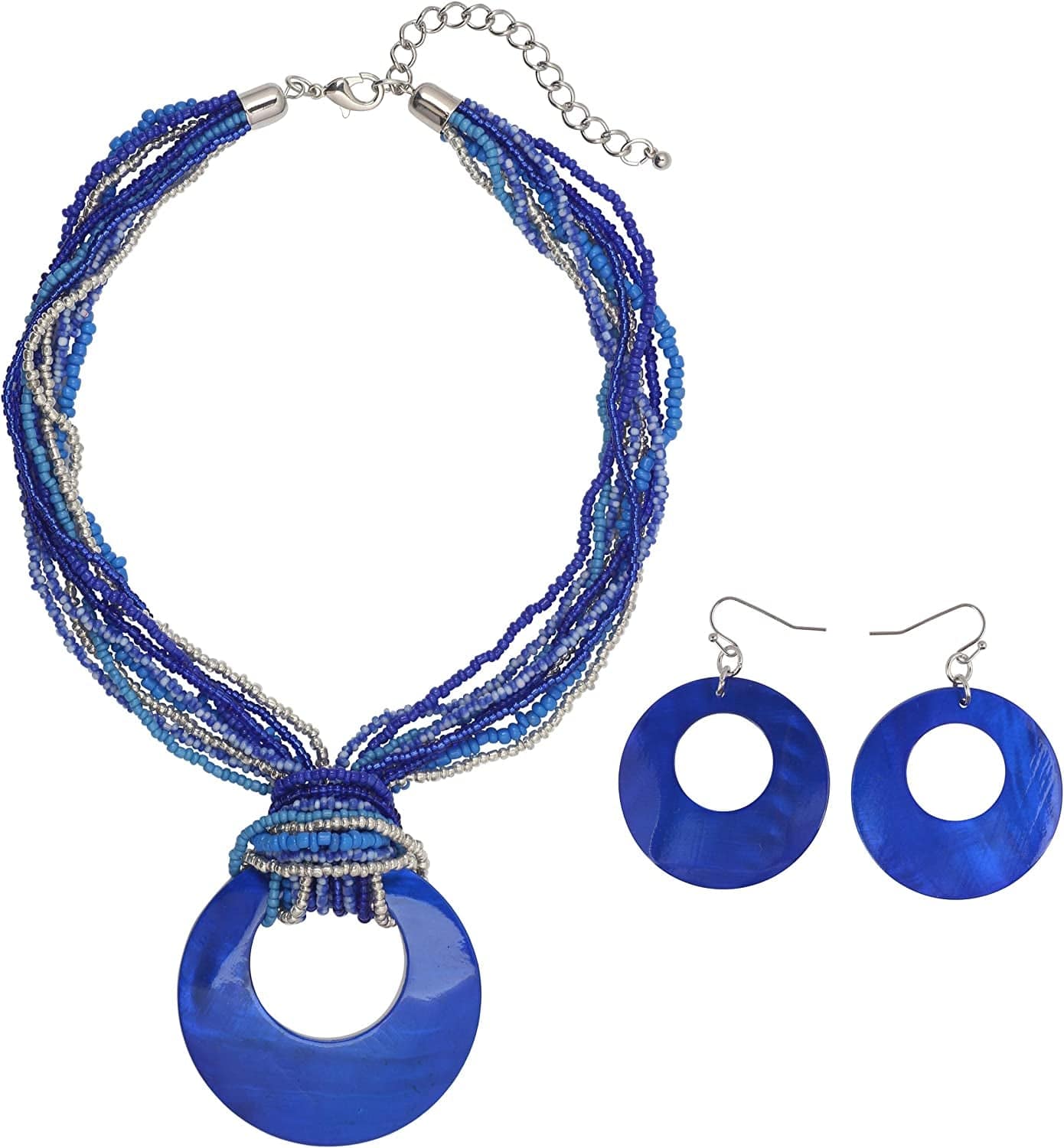 COIRIS Multi Strand Statement Colorful Beaded Necklace with Big Circle Shell Pendant for Women Royalblue