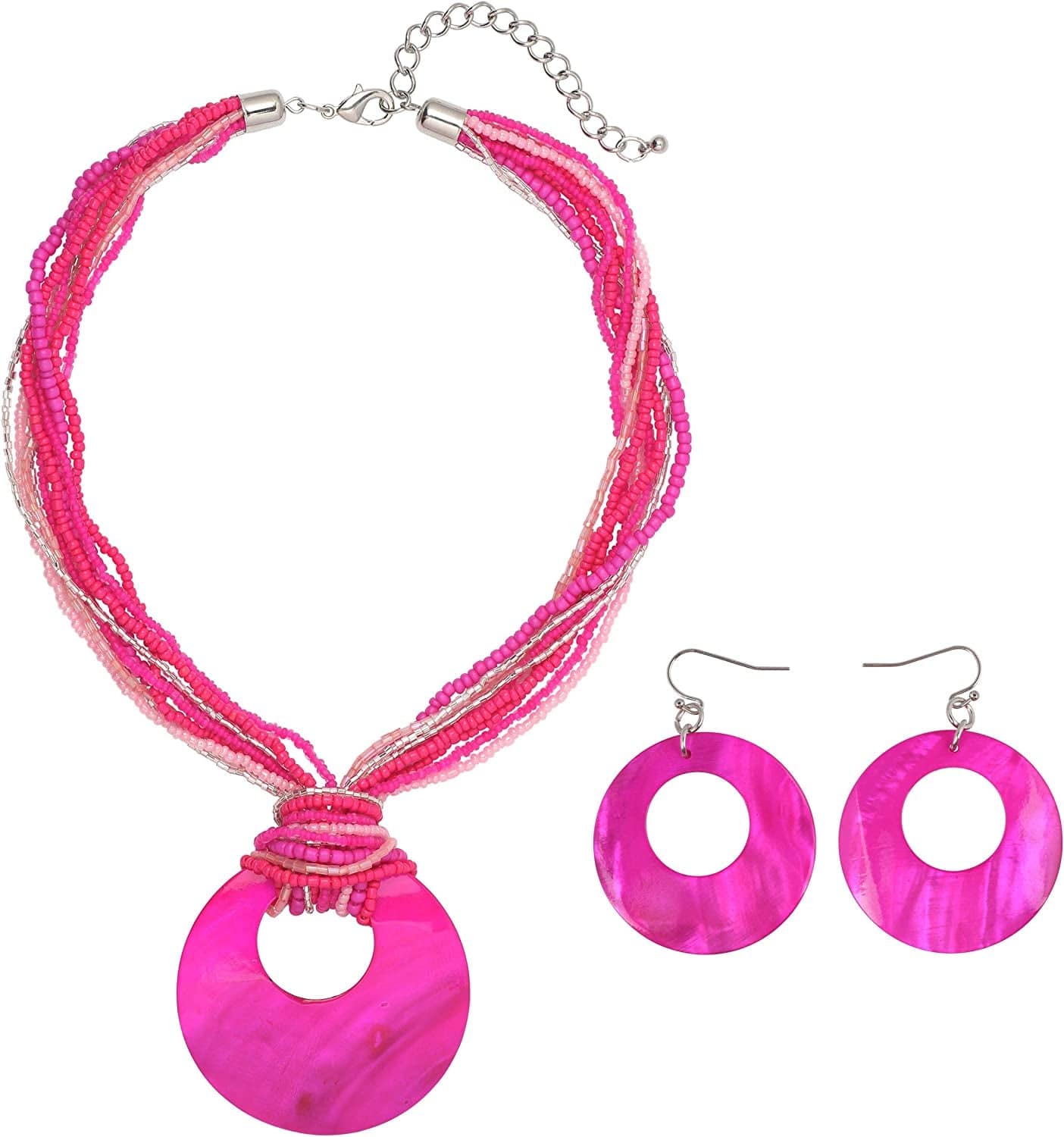 COIRIS Multi Strand Statement Colorful Beaded Necklace with Big Circle Shell Pendant for Women Rose