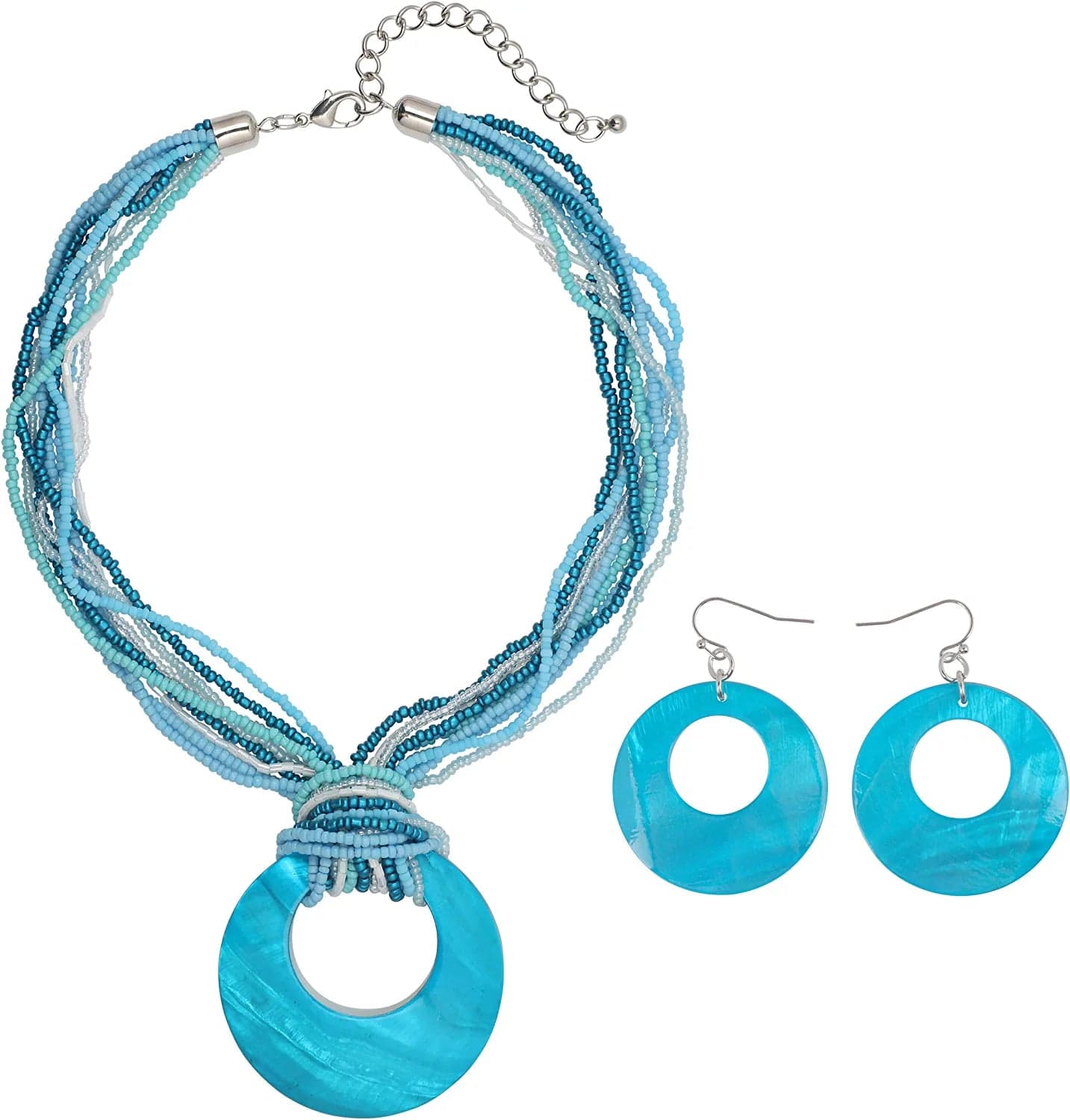 COIRIS Multi Strand Statement Colorful Beaded Necklace with Big Circle Shell Pendant for Women Lake Blue