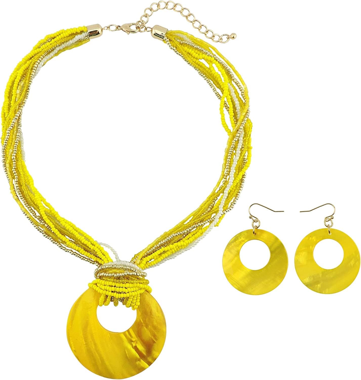 COIRIS Multi Strand Statement Colorful Beaded Necklace with Big Circle Shell Pendant for Women Yellow