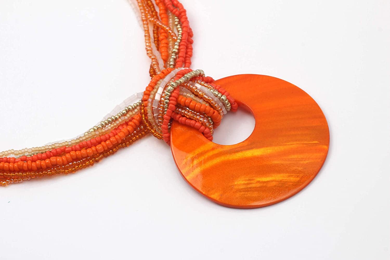 COIRIS Multi Strand Statement Colorful Beaded Necklace with Big Circle Shell Pendant for Women