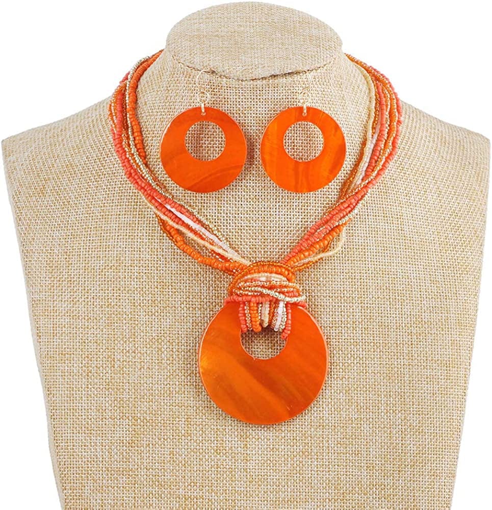 COIRIS Multi Strand Statement Colorful Beaded Necklace with Big Circle Shell Pendant for Women