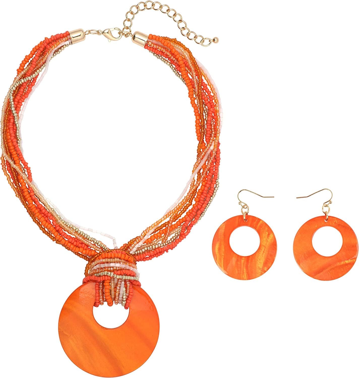 COIRIS Multi Strand Statement Colorful Beaded Necklace with Big Circle Shell Pendant for Women Orange