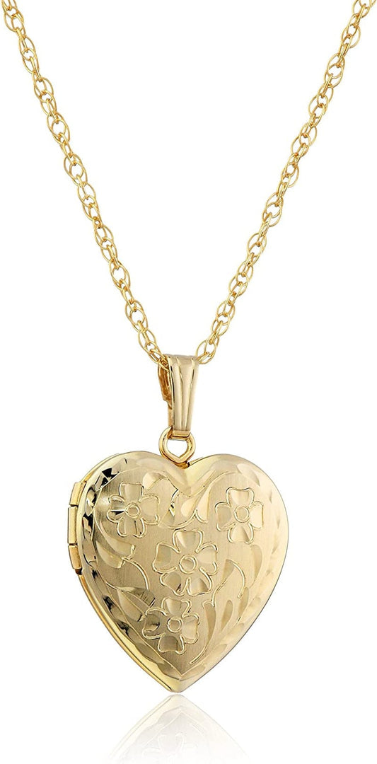 Collection 14K "Engraved Flowers" Heart Locket Necklace, 18" Sterling Silver