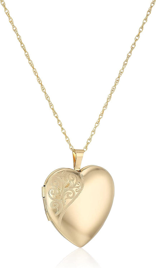 Collection 14K Satin and Polished Finish Hand Engraved Heart Shaped Locket Necklace, 18" Sterling Silver