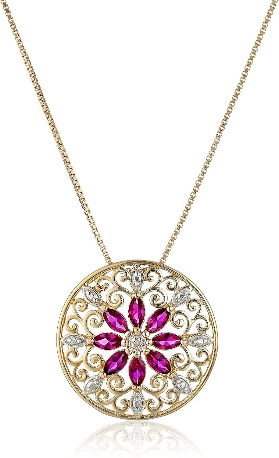 Collection 18K Yellow Gold Plated Sterling Silver Gemstone and Diamond Accent Filigree Mandala Pendant Necklace, 18" Created Ruby