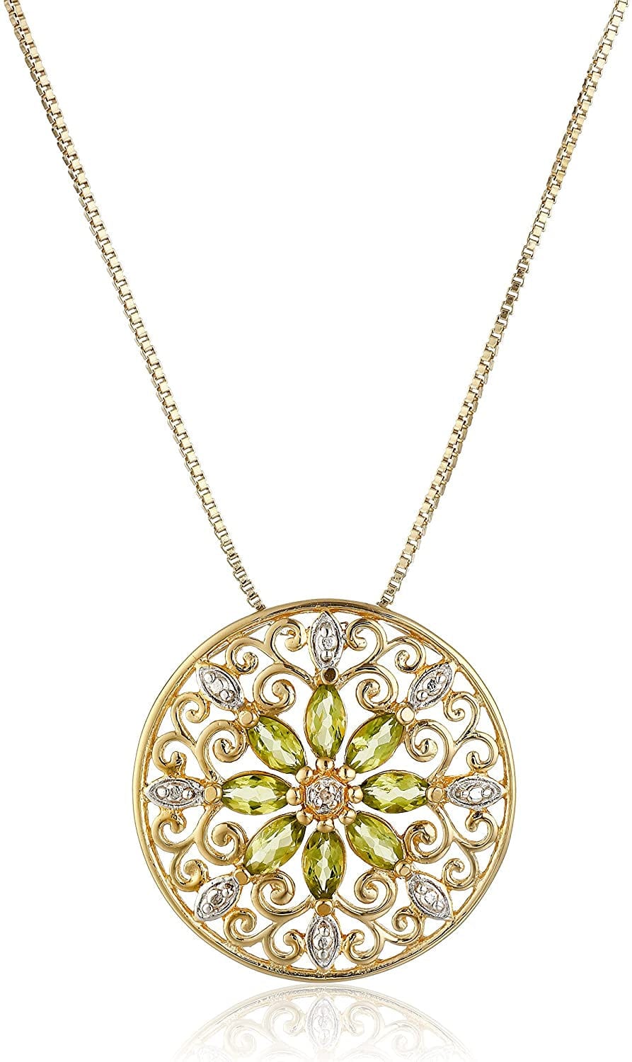 Collection 18K Yellow Gold Plated Sterling Silver Gemstone and Diamond Accent Filigree Mandala Pendant Necklace, 18" Peridot