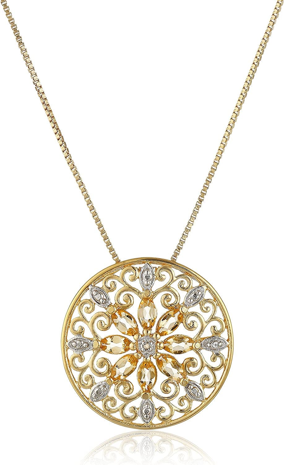 Collection 18K Yellow Gold Plated Sterling Silver Gemstone and Diamond Accent Filigree Mandala Pendant Necklace, 18" Citrine