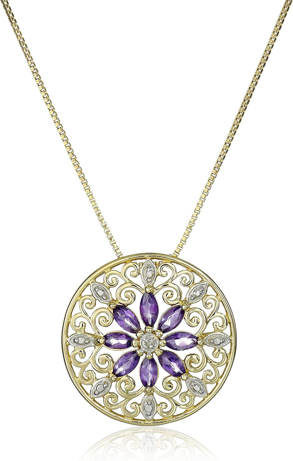 Collection 18K Yellow Gold Plated Sterling Silver Gemstone and Diamond Accent Filigree Mandala Pendant Necklace, 18" Amethyst