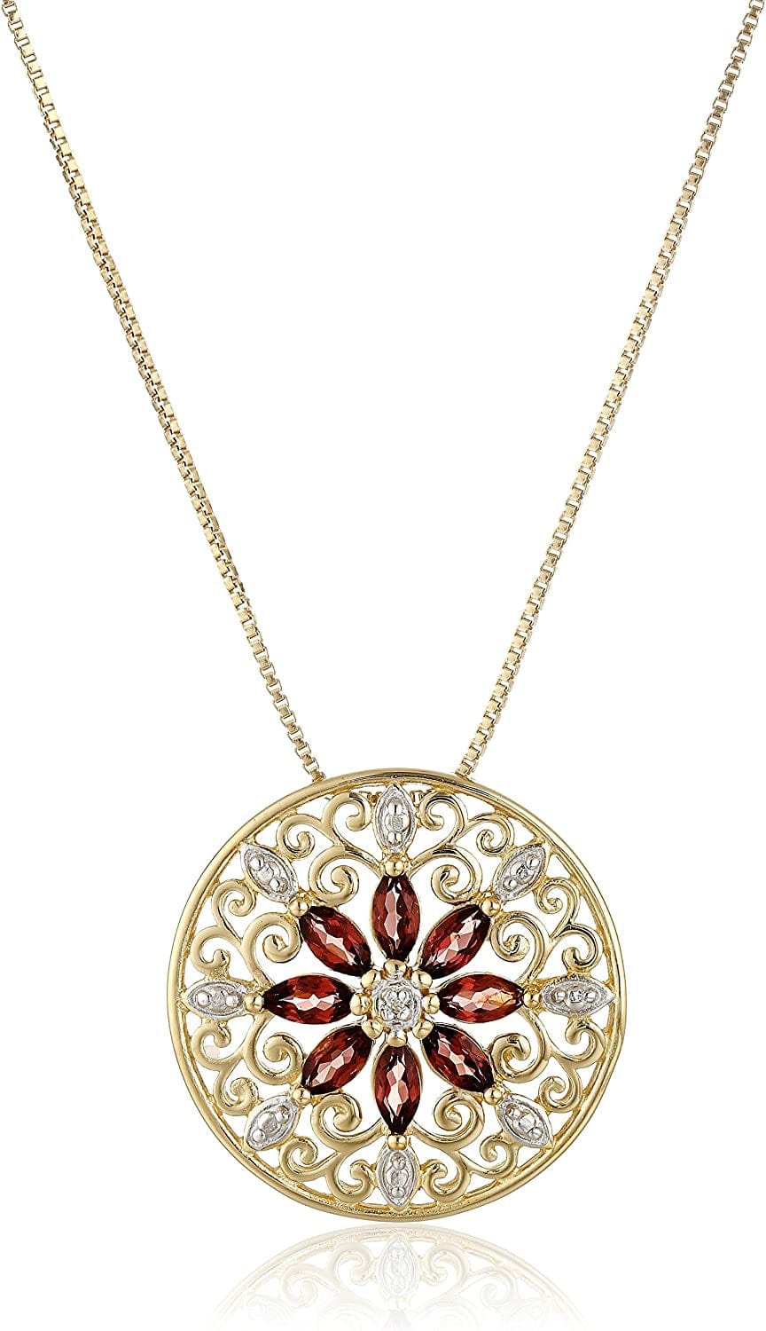 Collection 18K Yellow Gold Plated Sterling Silver Gemstone and Diamond Accent Filigree Mandala Pendant Necklace, 18" Garnet