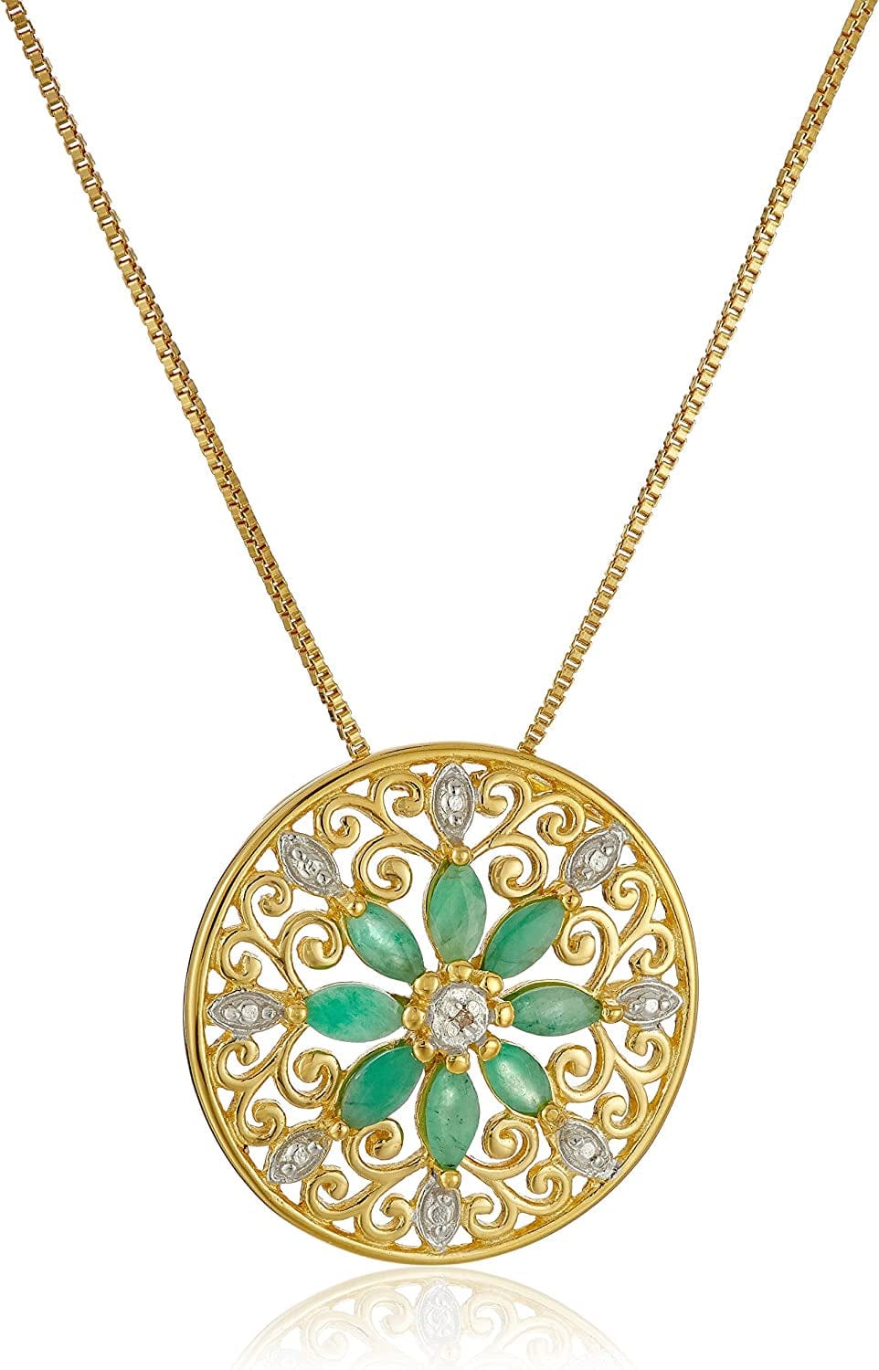 Collection 18K Yellow Gold Plated Sterling Silver Gemstone and Diamond Accent Filigree Mandala Pendant Necklace, 18" Emerald
