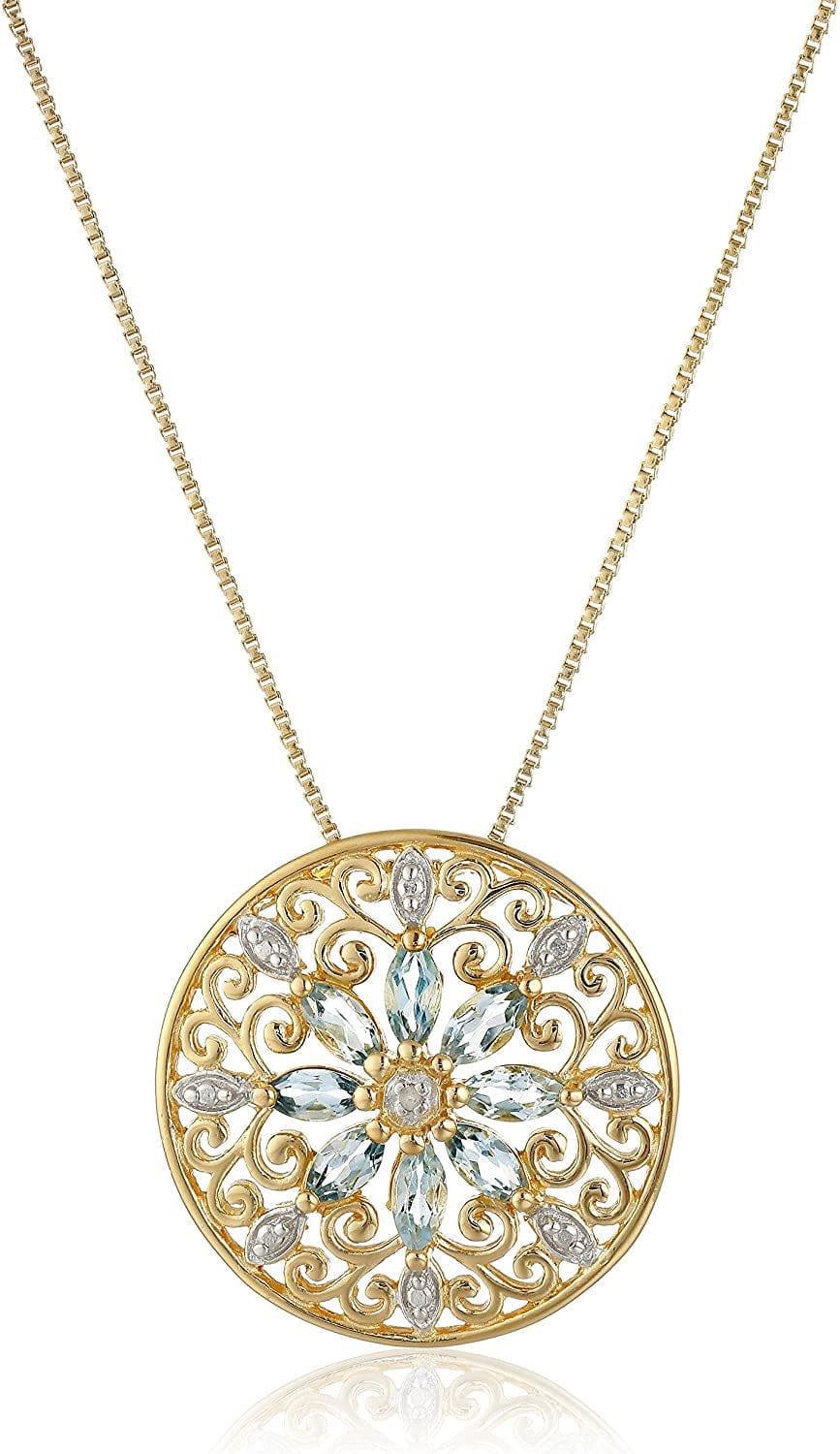 Collection 18K Yellow Gold Plated Sterling Silver Gemstone and Diamond Accent Filigree Mandala Pendant Necklace, 18" Topaz