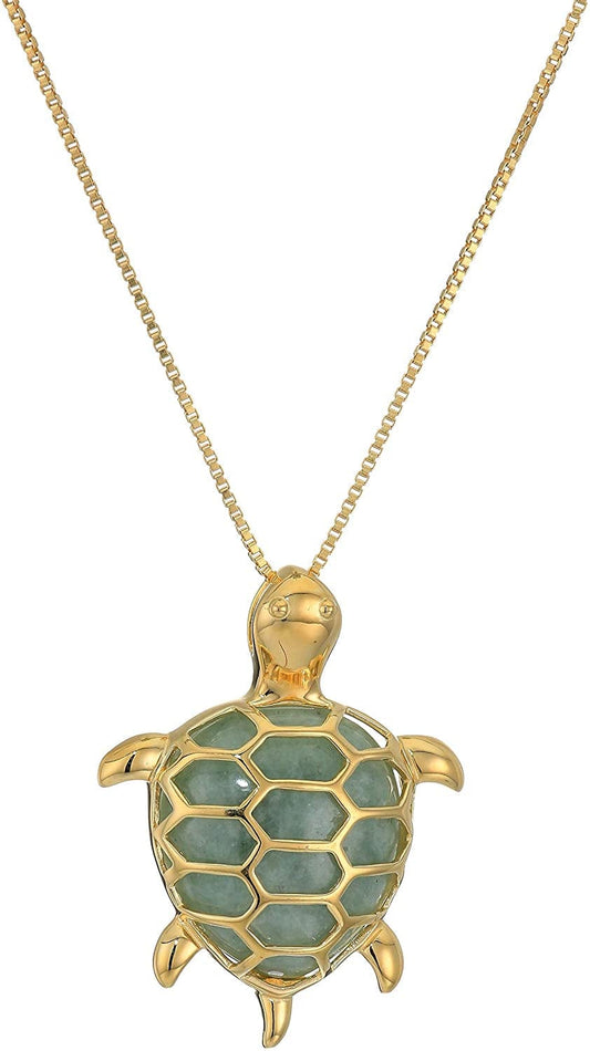 Collection 18K Yellow Gold Plated Sterling Silver Genuine Green Jade Turtle Pendant Necklace, 18"
