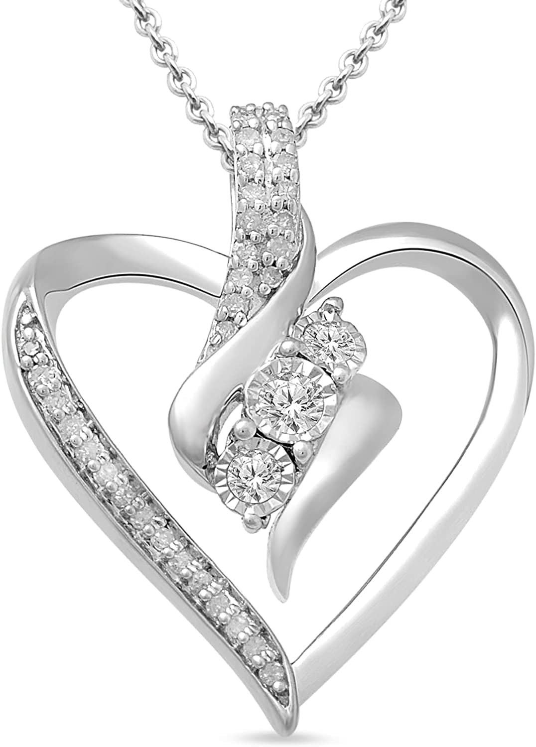 Collection Diamond 3 Stone Pendant Necklace (1/4 Cttw), 18" Silver / 3 Stone Heart Pendant Necklace