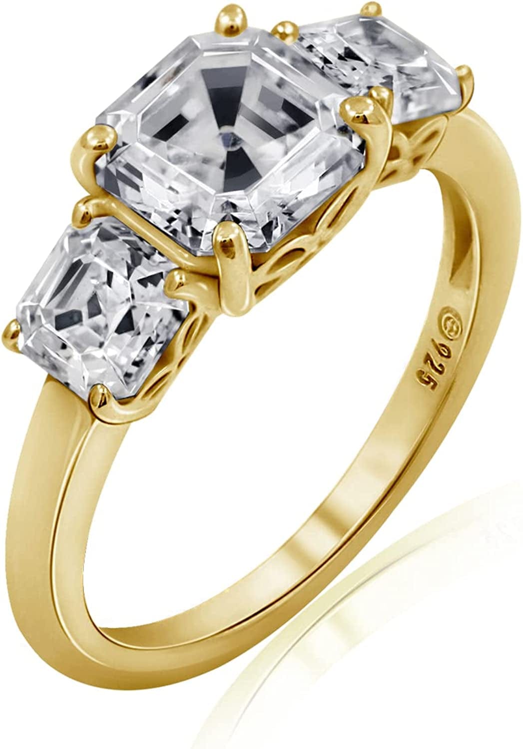 Collection Platinum or Gold Plated Sterling Silver Fancy Cut 3-Stone Ring Made with Infinite Elements Zirconia White Cubic Zirconia/Yellow Gold / Asscher-Cut (3 cttw) / Size 8