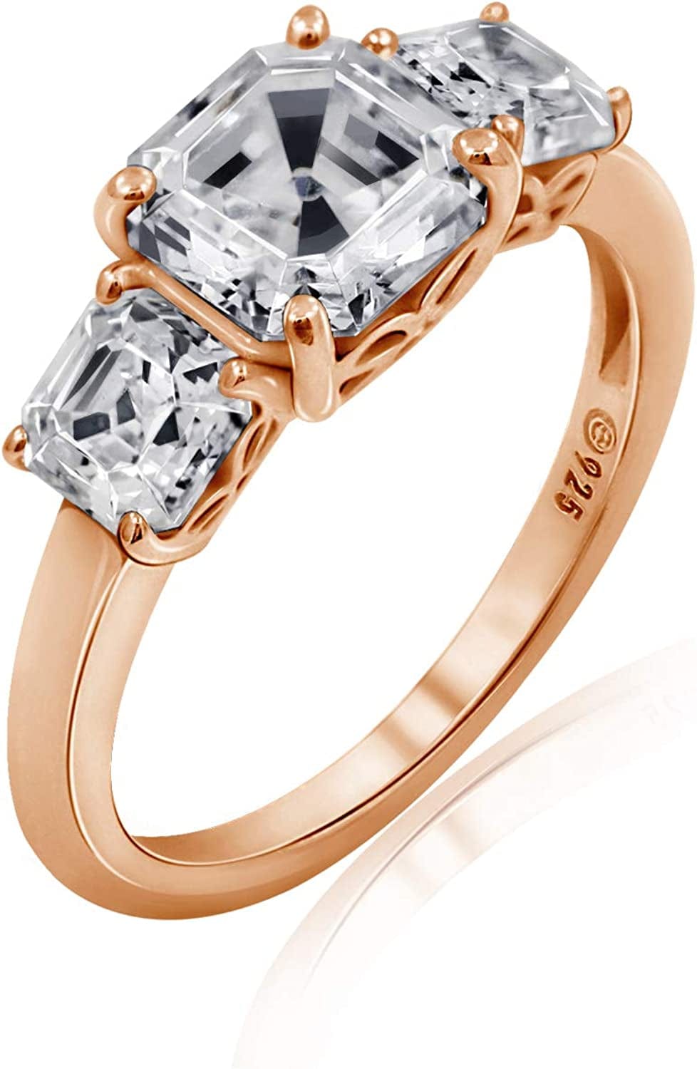 Collection Platinum or Gold Plated Sterling Silver Fancy Cut 3-Stone Ring Made with Infinite Elements Zirconia White Cubic Zirconia/Rose Gold / Asscher-Cut (3 cttw) / Size 8