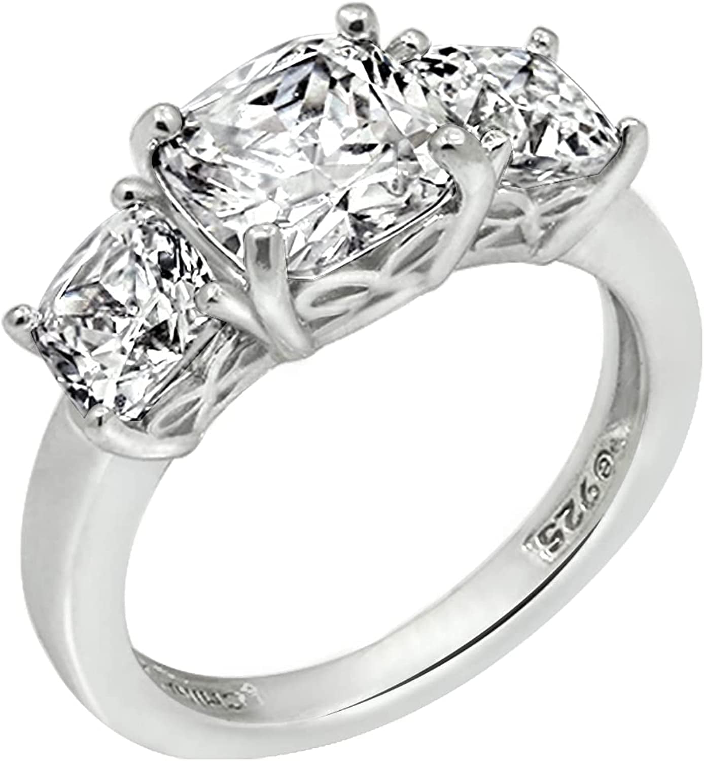 Collection Platinum or Gold Plated Sterling Silver Fancy Cut 3-Stone Ring Made with Infinite Elements Zirconia White Cubic Zirconia/Platinum / Cushion-Cut (3 cttw) / Size 7
