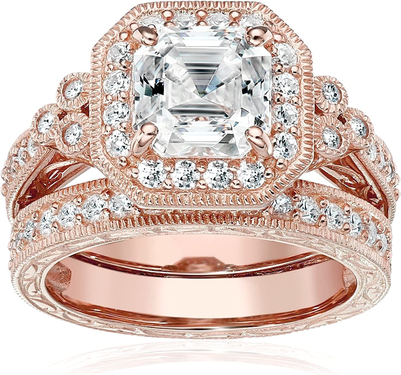 Collection Platinum or Gold Plated Sterling Silver Infinite Elements Zirconia Antique Ring Set Rose-gold-plated / 8