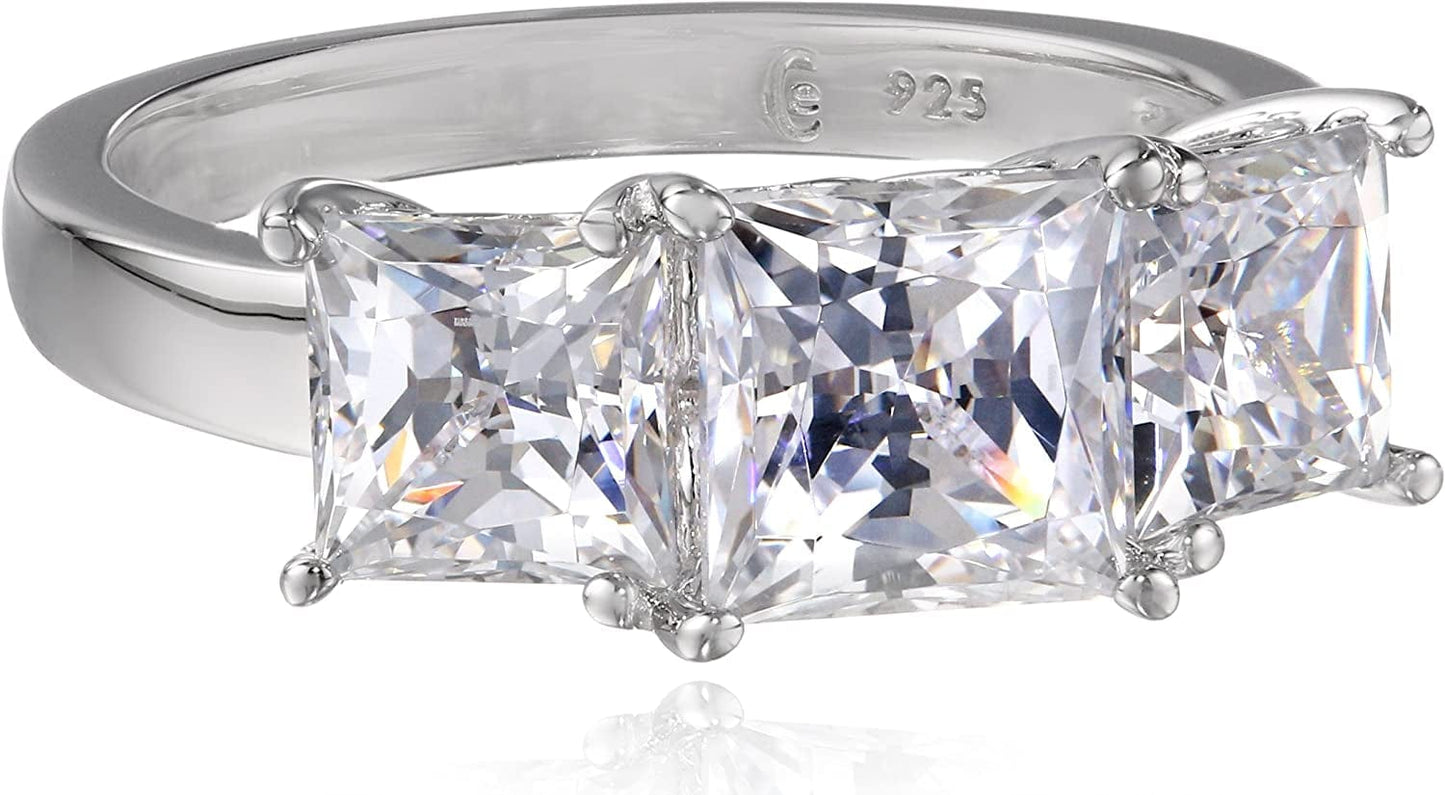 Collection Platinum or Gold Plated Sterling Silver Princess-Cut 3-Stone Ring Made with Infinite Elements Zirconia Platinum Plated Silver / 4 cttw / Size 8