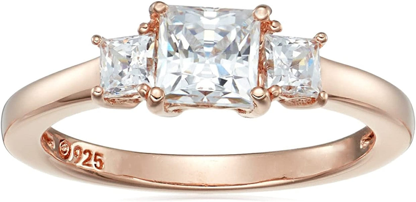 Collection Platinum or Gold Plated Sterling Silver Princess-Cut 3-Stone Ring Made with Infinite Elements Zirconia Rose Gold Plated Silver / 1 cttw / Size 6