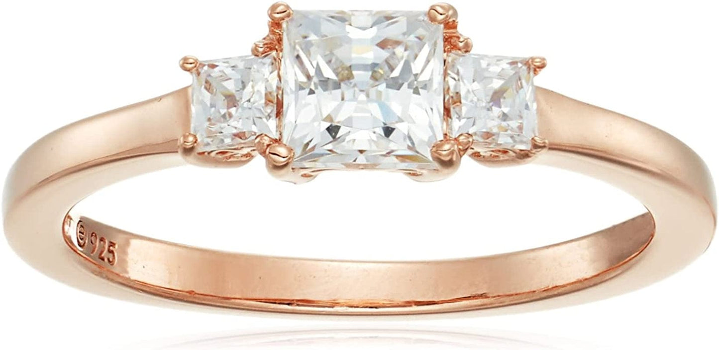 Collection Platinum or Gold Plated Sterling Silver Princess-Cut 3-Stone Ring Made with Infinite Elements Zirconia Rose Gold Plated Silver / 1 cttw / Size 8
