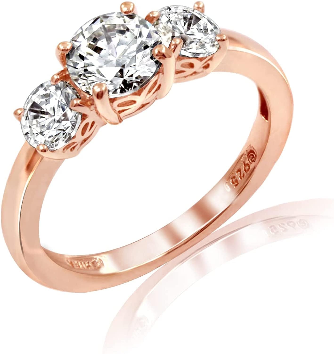 Collection Platinum or Gold Plated Sterling Silver round 3-Stone Ring Made with Infinite Elements Zirconia Rose Gold Plated Silver / 2 cttw / Size 8