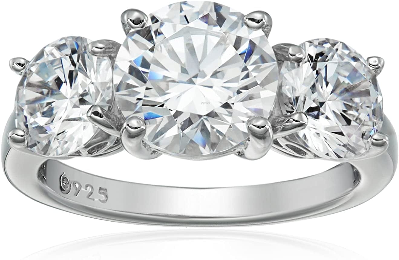 Collection Platinum or Gold Plated Sterling Silver round 3-Stone Ring Made with Infinite Elements Zirconia Platinum Plated Silver / 4 cttw / Size 5