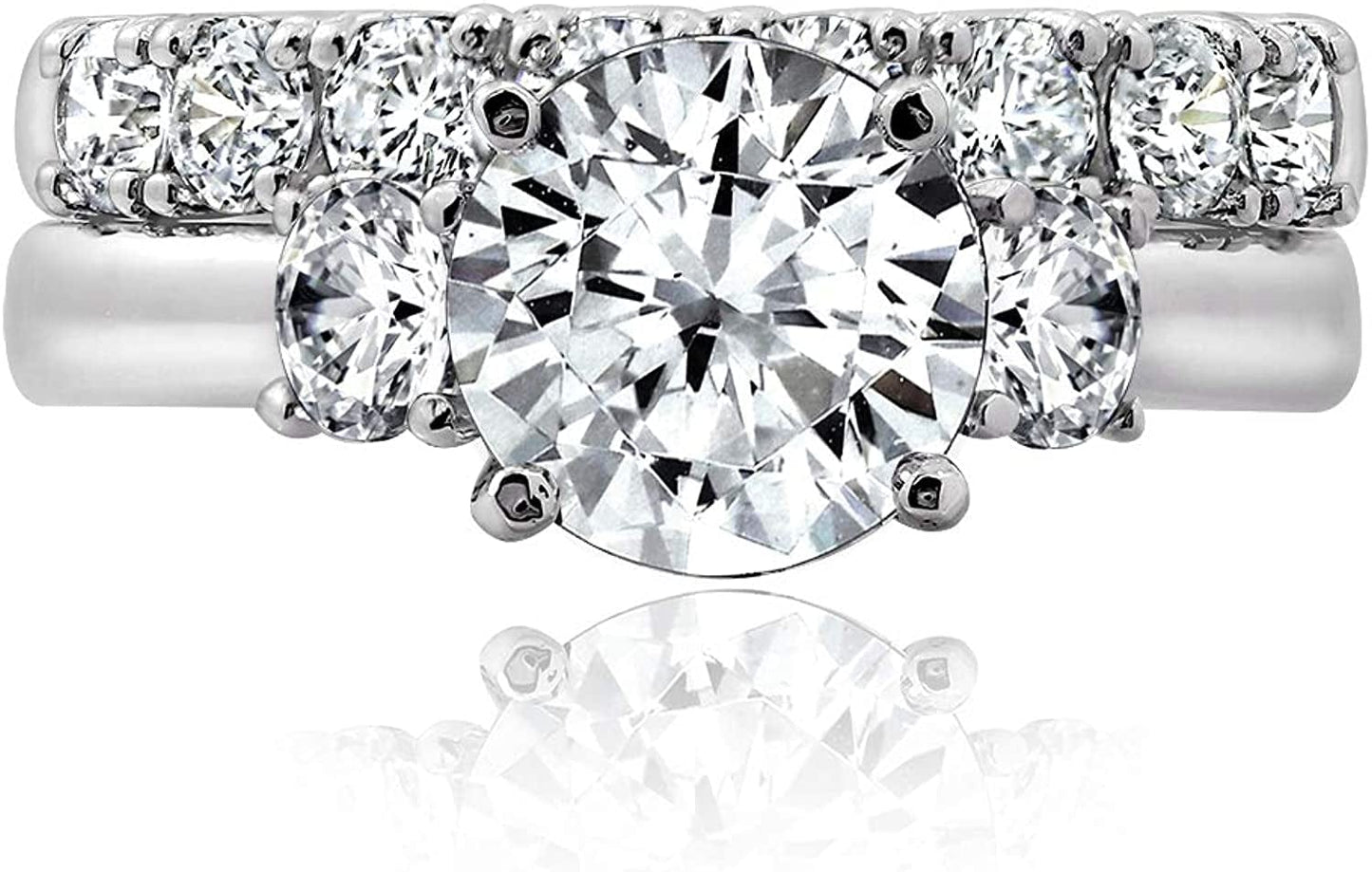 Collection Platinum-Plated Sterling Silver Infinite Elements Zirconia Round-Cut Three-Stone Ring Set