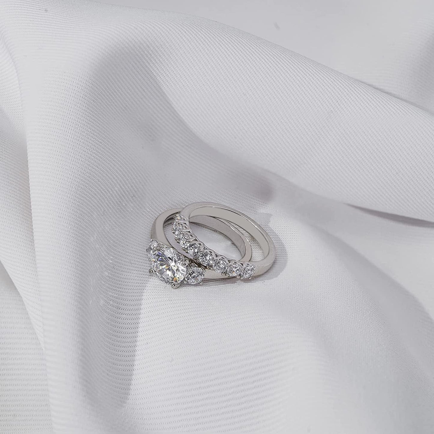 Collection Platinum-Plated Sterling Silver Infinite Elements Zirconia Round-Cut Three-Stone Ring Set