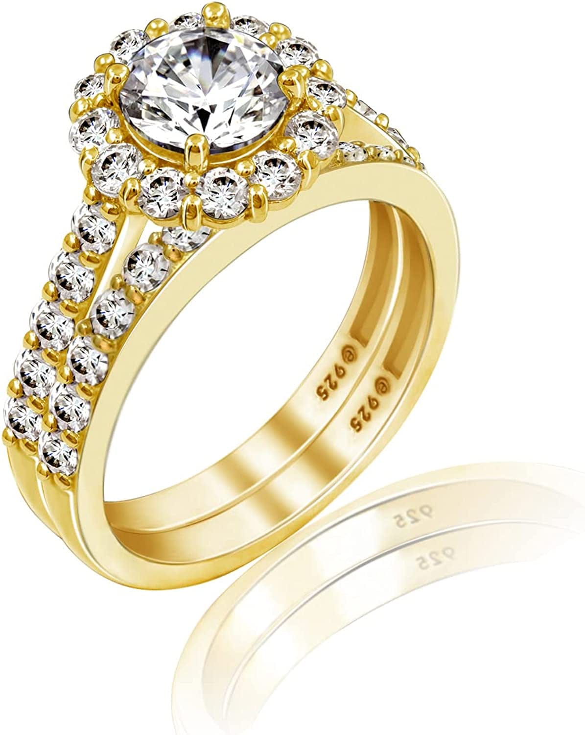 Collection Platinum, Yellow Gold or Rose Gold Plated Sterling Silver Infinite Elements Cubic Zirconia Flower Halo Ring Yellow Gold-Plated / 7