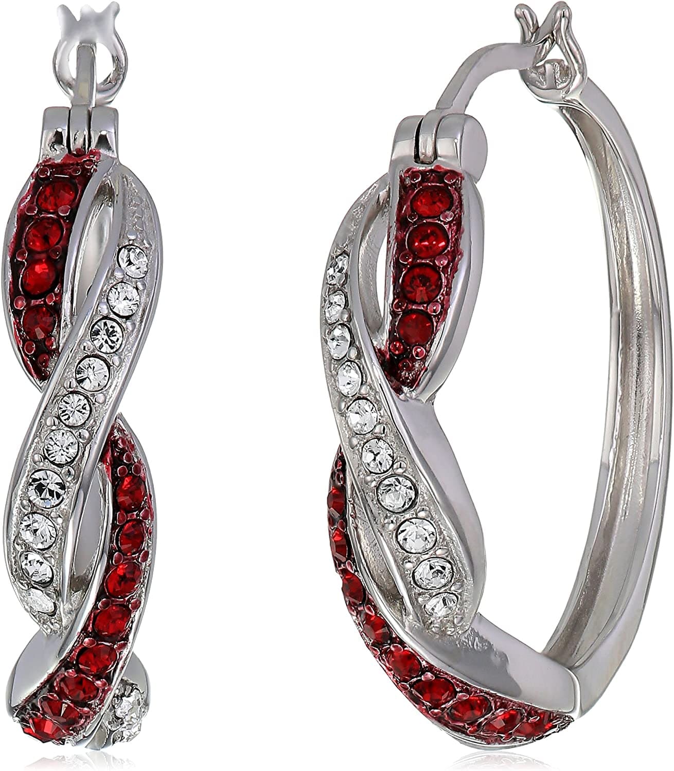 Collection Rhodium Plated Sterling Silver Ruby-Colored and White Swarovski Crystal Twisted Hoop Earrings Red/White