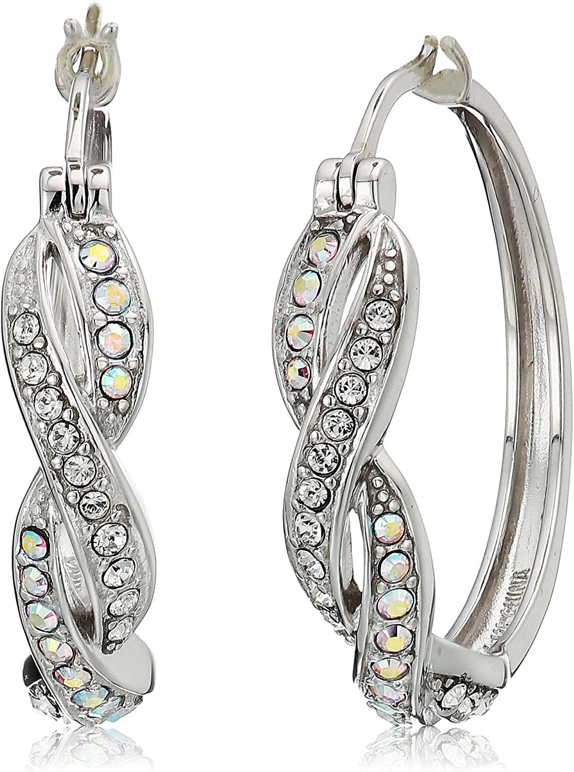 Collection Rhodium Plated Sterling Silver Ruby-Colored and White Swarovski Crystal Twisted Hoop Earrings Aurore Boreale/White