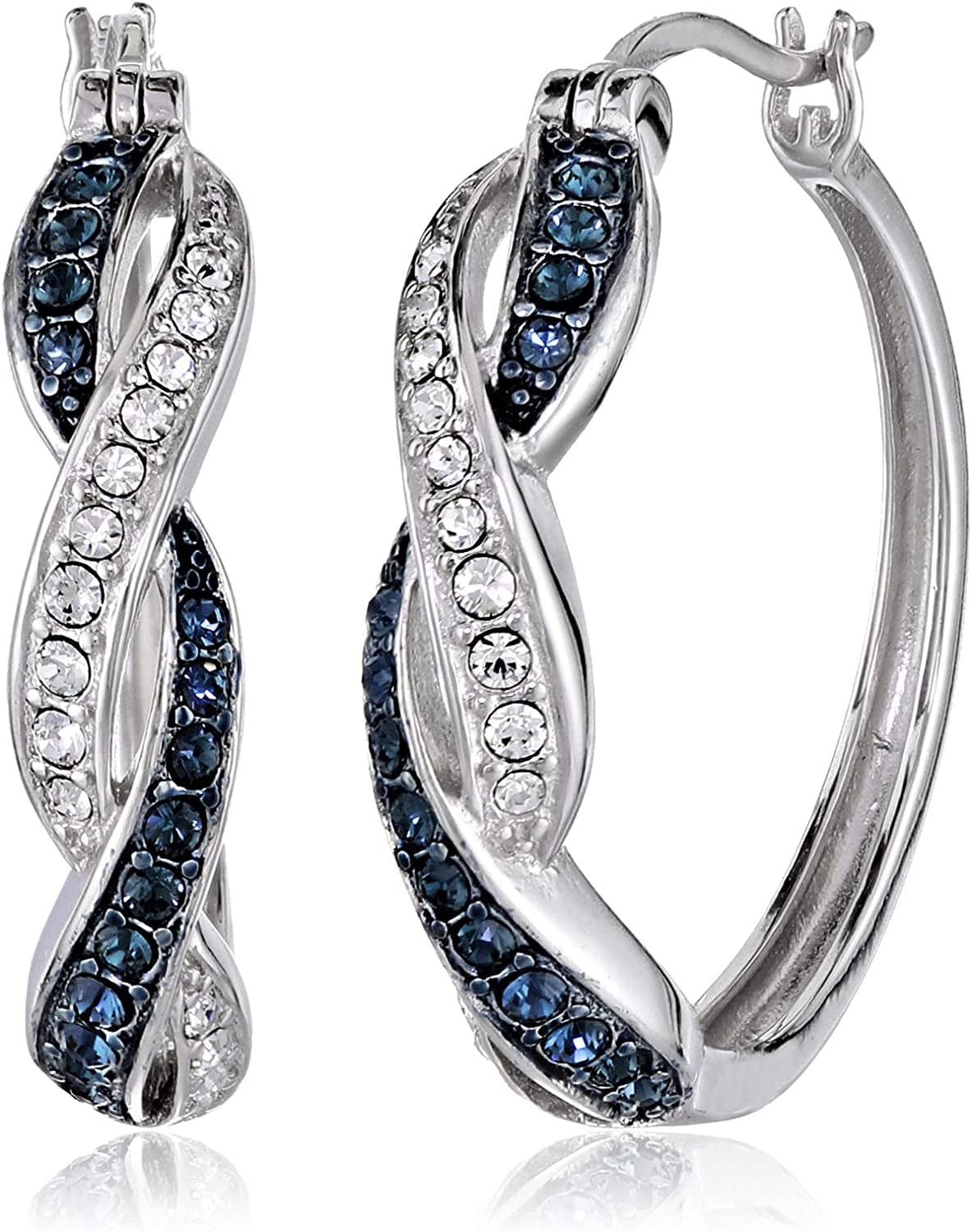 Collection Rhodium Plated Sterling Silver Ruby-Colored and White Swarovski Crystal Twisted Hoop Earrings Blue/White