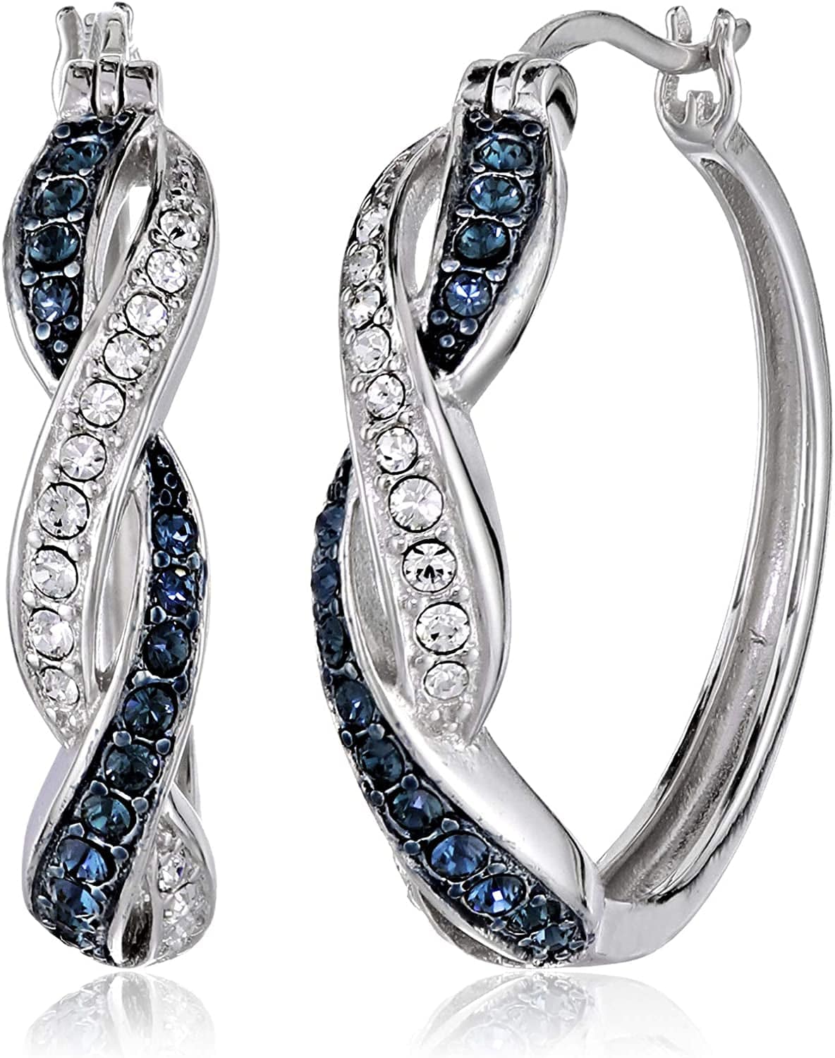 Collection Rhodium Plated Sterling Silver Ruby-Colored and White Swarovski Crystal Twisted Hoop Earrings
