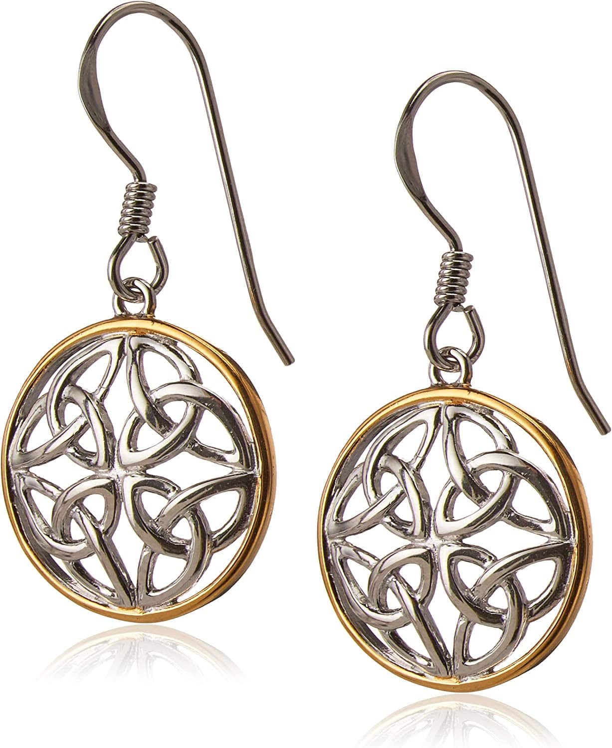 Collection Sterling Silver Celtic Knot round Drop Wire Earrings Two-Tone Silver & Yellow Gold Plated