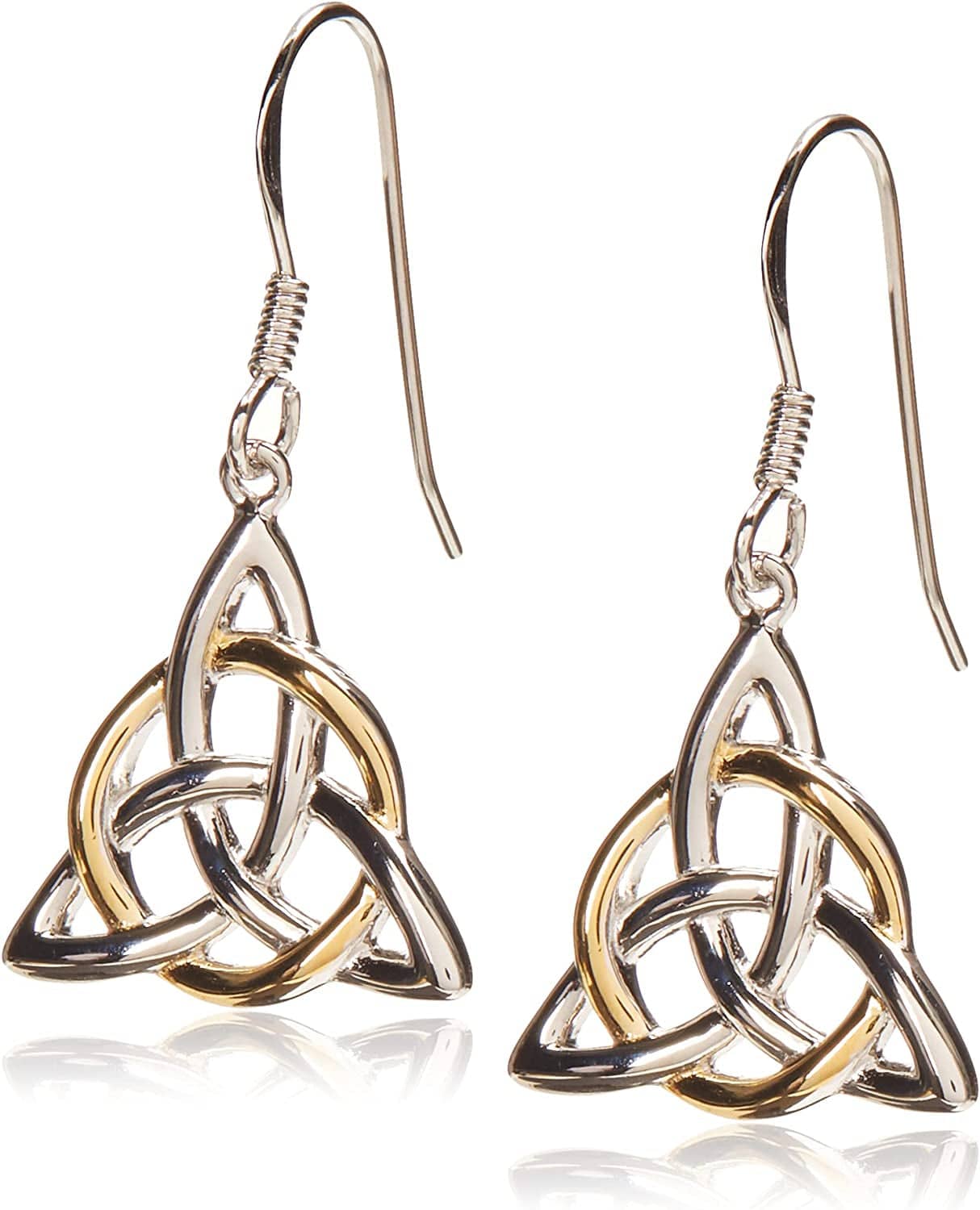 Collection Sterling Silver Celtic Triquetra Knot Triangle Drop Wire Earrings Two-Tone Silver & Yellow Gold Plate