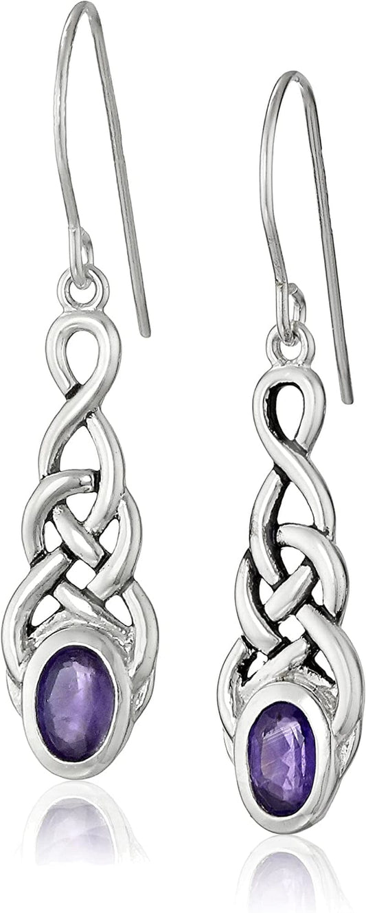 Collection Sterling Silver Created or Genuine Gemstone Celtic Knot Linear Drop Earrings Amethyst