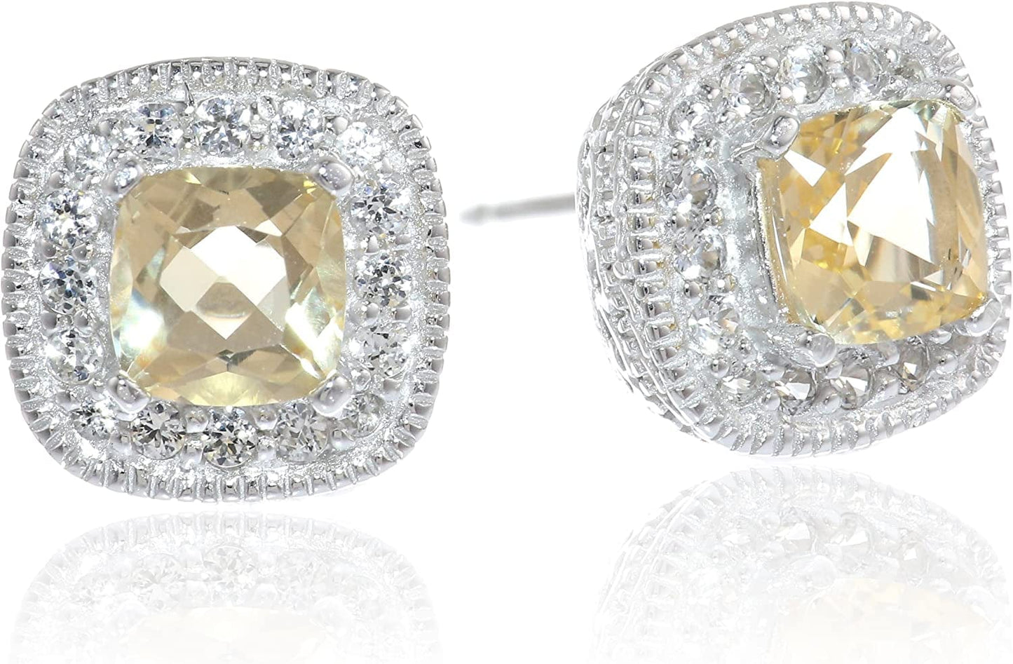 Collection Sterling Silver Cushion Cut Birthstone and Created White Sapphire Halo Stud Earrings Citrine
