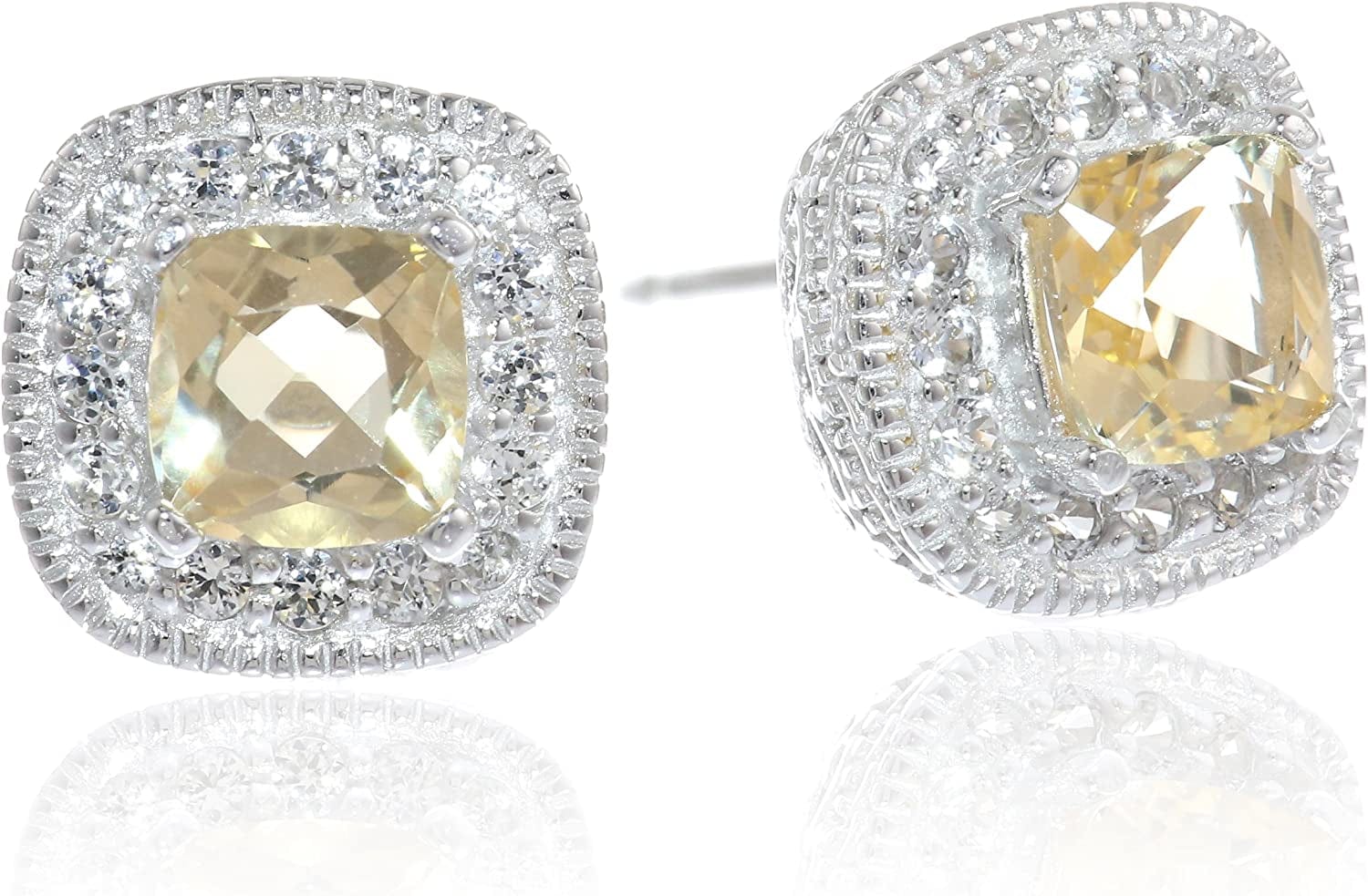 Collection Sterling Silver Cushion Cut Birthstone and Created White Sapphire Halo Stud Earrings Citrine