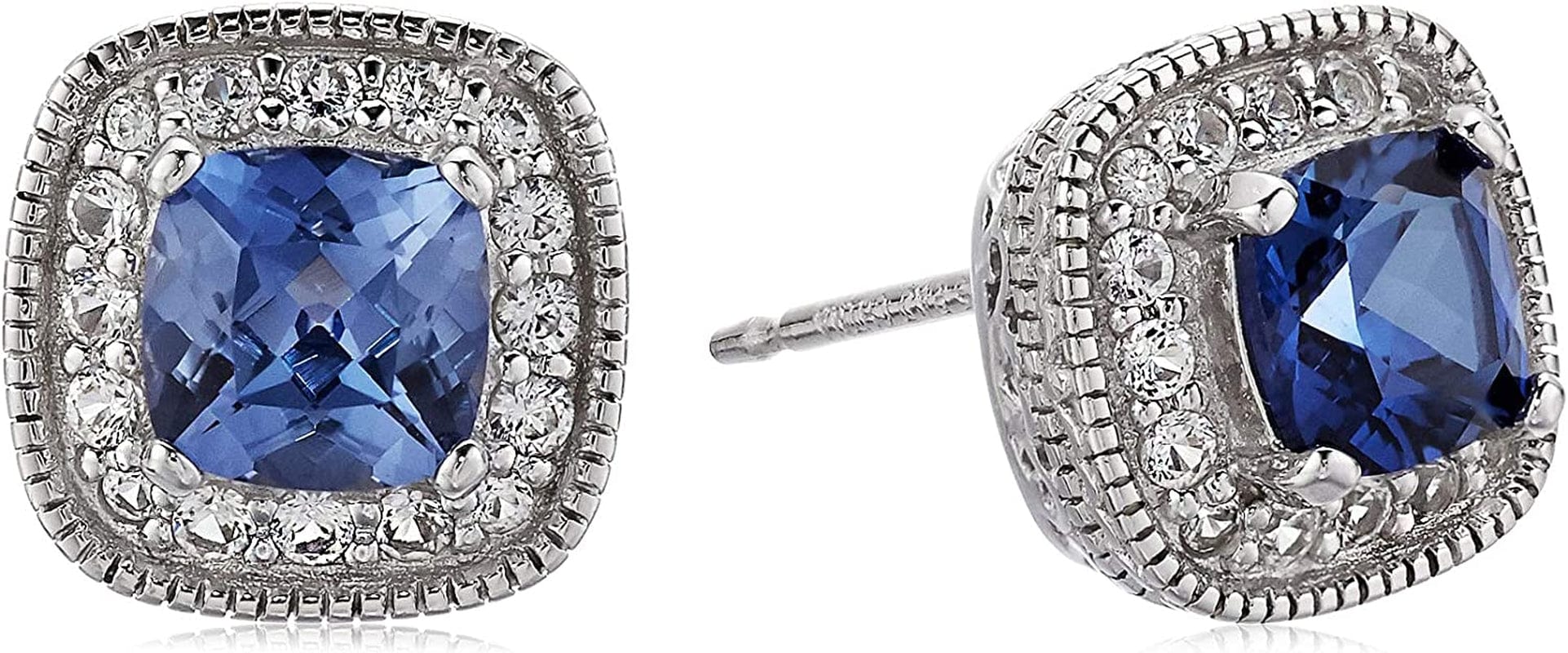 Collection Sterling Silver Cushion Cut Birthstone and Created White Sapphire Halo Stud Earrings Created Blue Sapphire