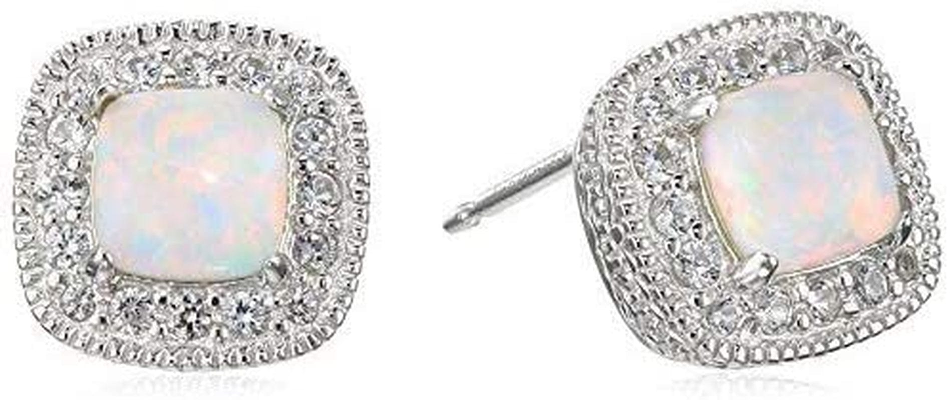 Collection Sterling Silver Cushion Cut Birthstone and Created White Sapphire Halo Stud Earrings Created Opal